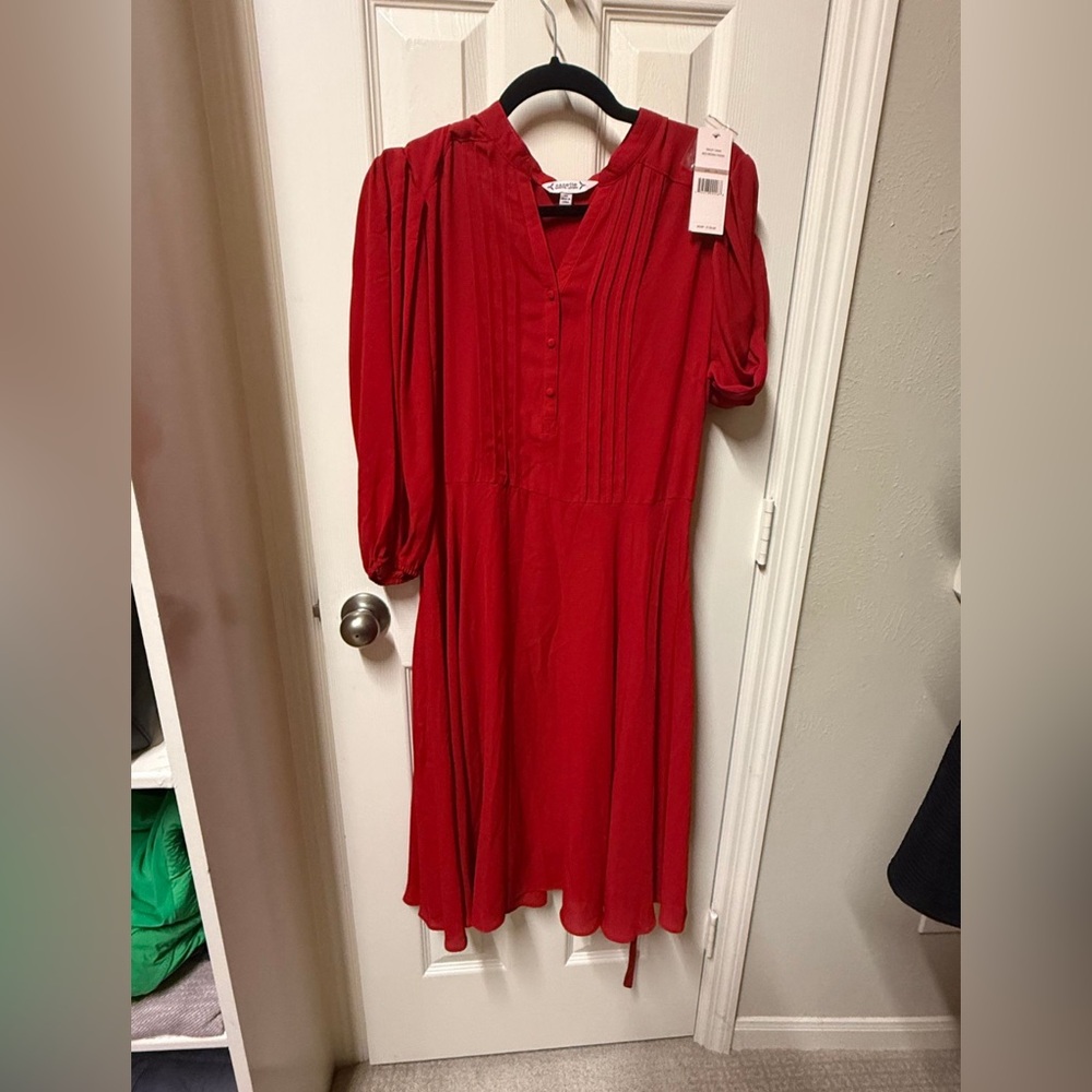 NWT Nanette Lepore Red Riding Hood Pleated Tie Waist A-Line Crepe Midi Dress - Picture 6 of 11